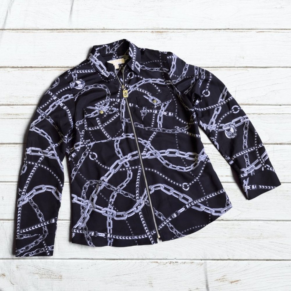 Michael Kors Black Zip-Up Silky Long Sleeve Blouse